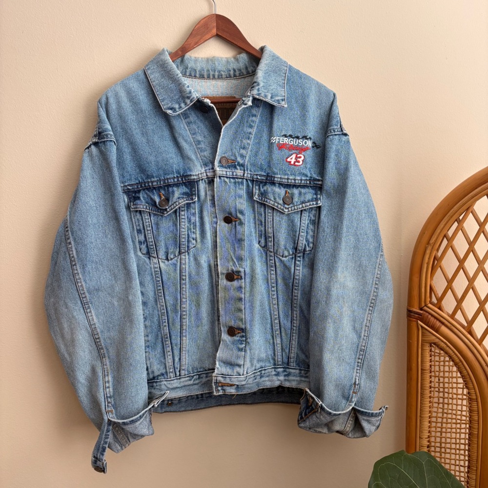 VTG 90s International Denim NASCAR Embroidered Light Wash Denim Button Jacket